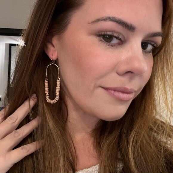 Wooden Disc Beaded Oval Arch Cutout Drop Earrings - Picture 2 of 7